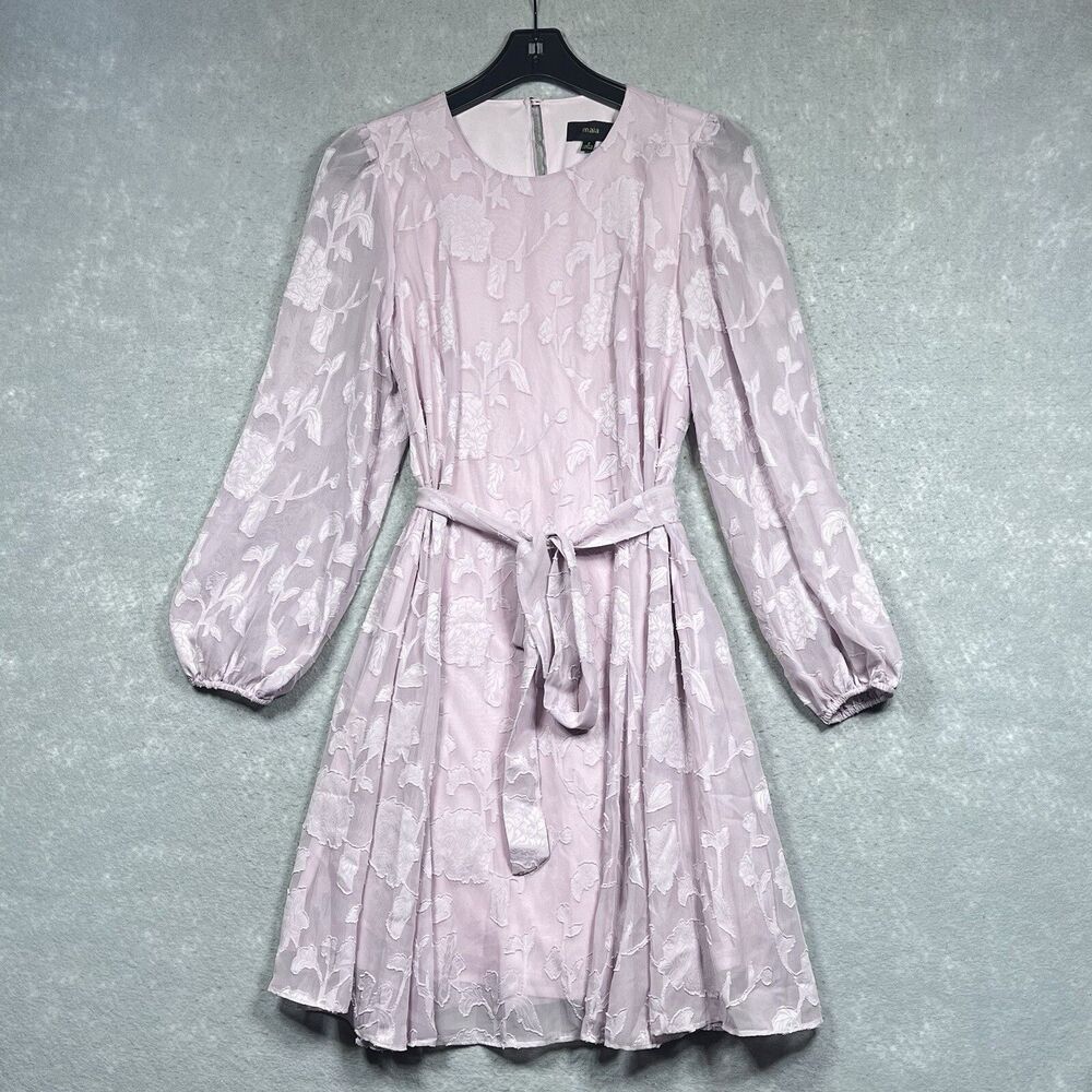 Maia Dress Womens Size 2 Pink Short Sleeve Shift Dress Tie Waist Sheer Floral